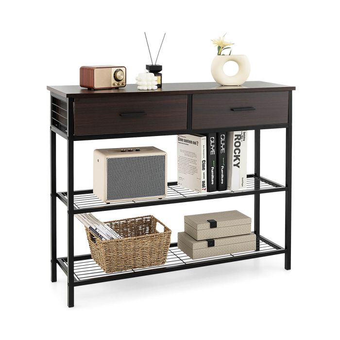 Console Table - Entryway Console Table with 2 Drawers and 2-Tier Shelves-Brown