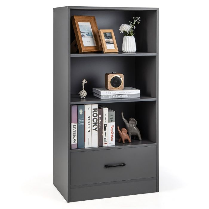 Bookcase - Wooden Storage Bookshelf Cabinet with 3-Tier Open Shelves and Drawer-Grey