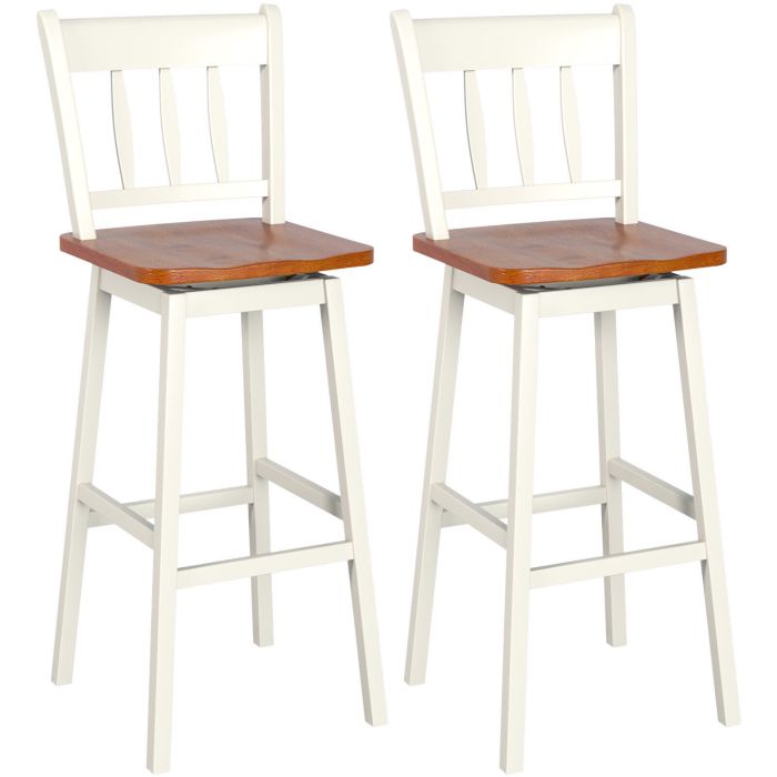 Set of 2 Rubber Wood Swivel Bar Stools with Backrest and Footrest-Cream