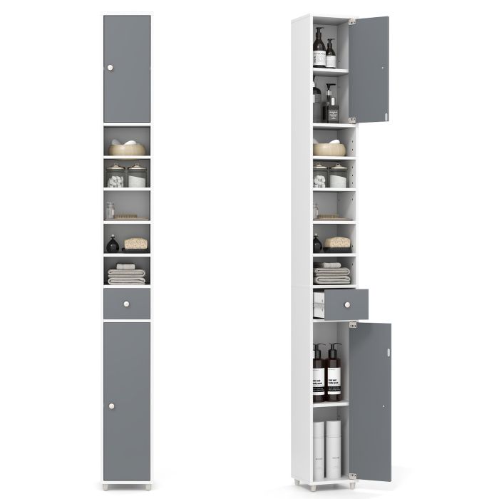 RASI 180CM Tall Freestanding Bathroom Cabinet with 2 Doors and 1 Drawer-Gray & White