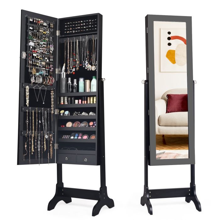 Jewellery Cabinet - Freestanding Jewelry Cabinet with Full-Length Mirror and Drawers-Black