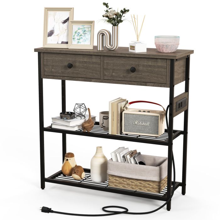 Console Table - Entryway Narrow Console Table with Charging Station-Grey