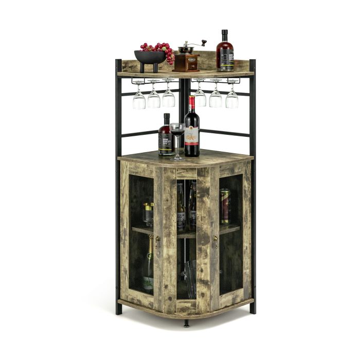 Industrial Corner Bar Wine Cabinet with Metal Mesh Doors and
