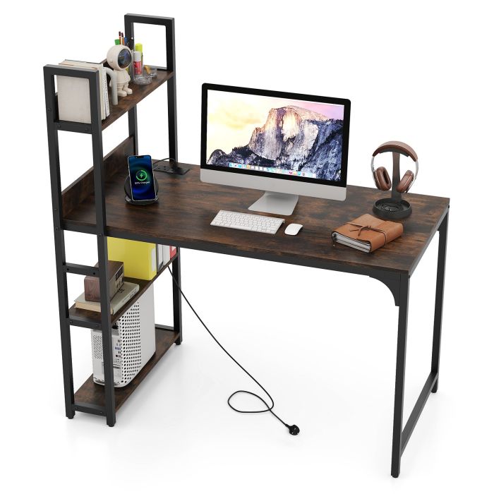 ELRA Computer Desk with Power Strip 120 CM Study Writing Desk with Bookshelf-Rustic Brown