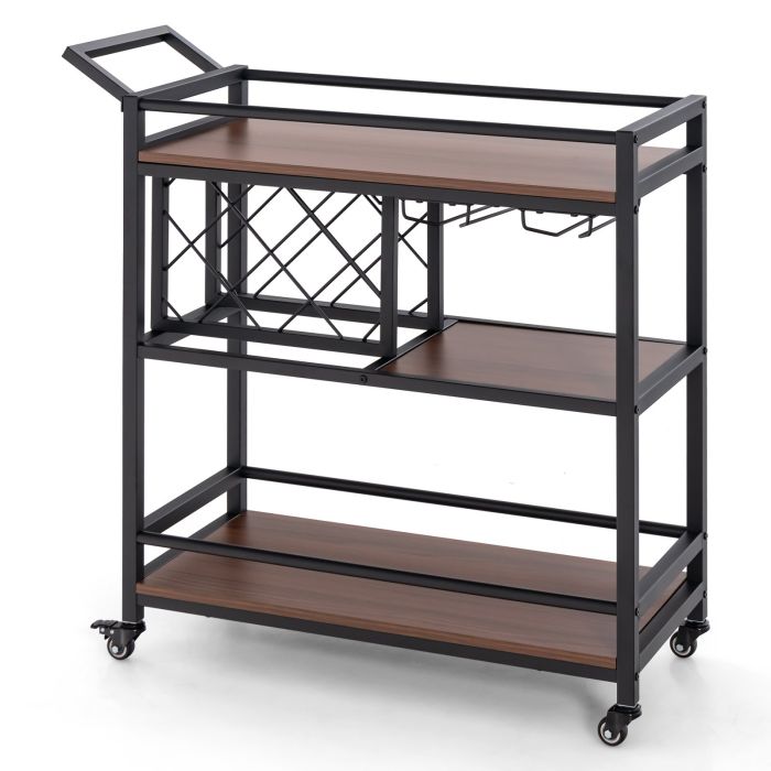 MONEAN 3-Tier Bar Cart Serving Cart w/Wine Racks and Glass Holders-Walnut