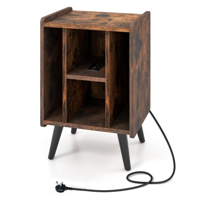 Side Table - Record Player Stand with 4 Open Shelves Power Outlet USB Charging Port-Brown