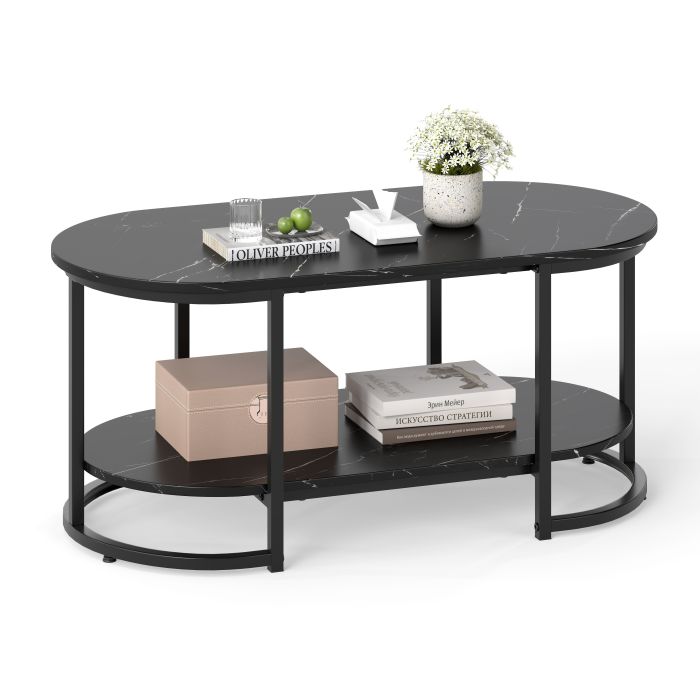 URMYOR Marble Coffee Table with Open Storage Shelf-Black