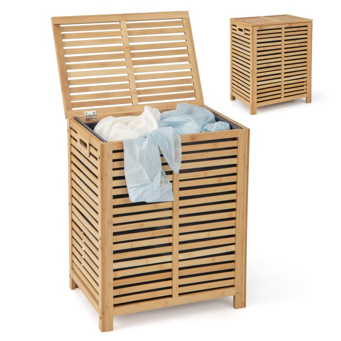 Laundry Basket - 80 L Bamboo Laundry Hamper with Lid and Handles-Natural