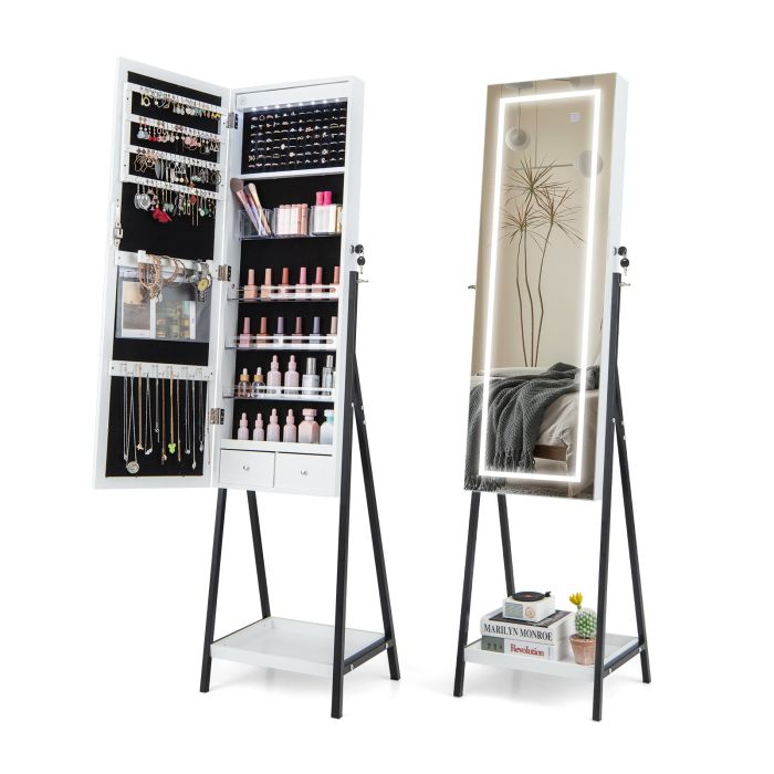 Jewellery Cabinet - LED Standing Jewelry Mirror Cabinet with 3-Color Lighted Full-Length Mirror-White