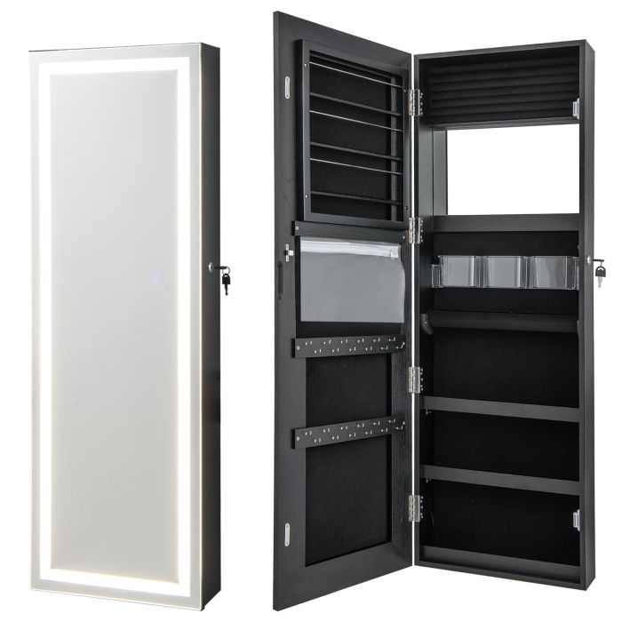 Jewellery Cabinet - 120cm LED Mirror Jewelry Cabinet with 3-Color Lights and Lockable Magnetic Door-Black