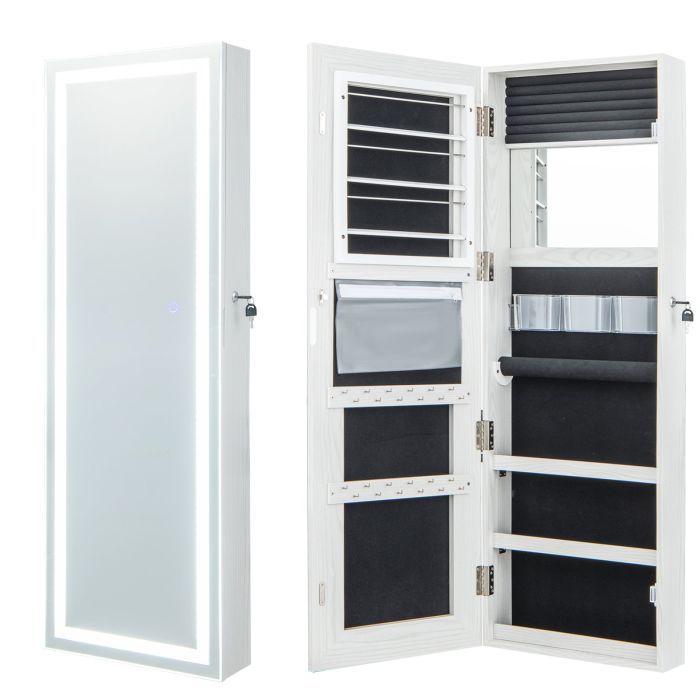 Jewellery Cabinet - 120cm LED Mirror Jewelry Cabinet with 3-Color Lights and Lockable Magnetic Door-White