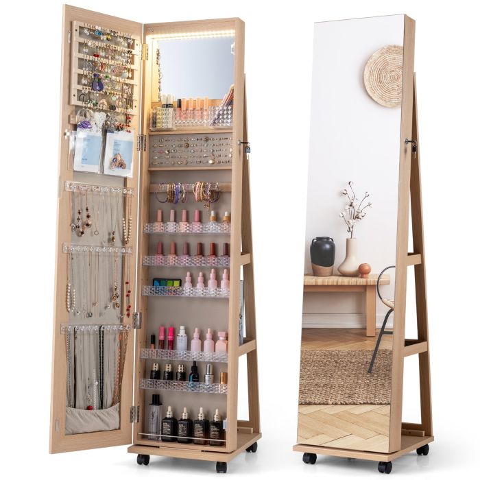 ELDENMORE Mirror Standing Jewelry Organizer with Lock 3 Color LED Lights Built-in Vanity Mirror and Universal Wheels-Natural
