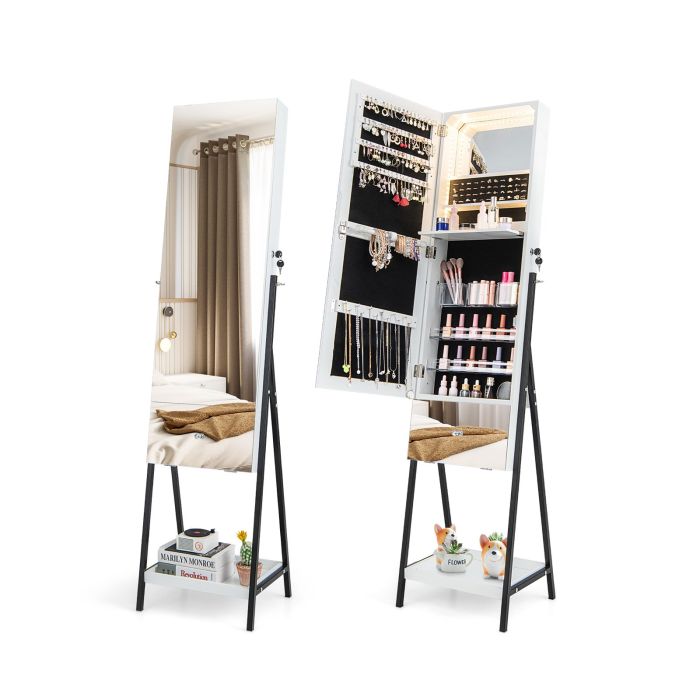 Jewellery Cabinet - Lockable Freestanding Jewelry Cabinet Armoire with Full-Length Frameless Mirror-White