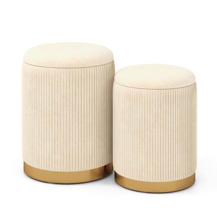 ELDORR Velvet Storage Ottoman Set of 2 with Gold Stainless Steel Hoop-Beige