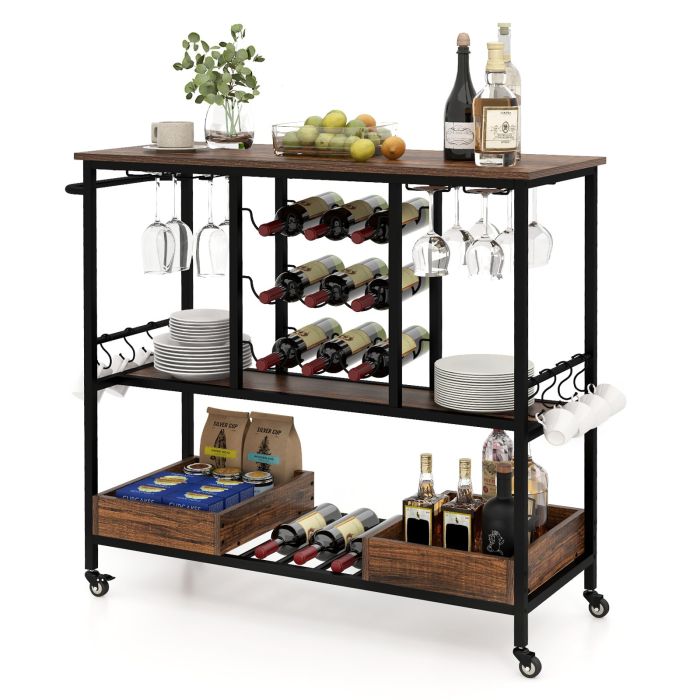ELDWICKOR Bar Cart with 3 Tiers and Glass Racks-Rustic Brown