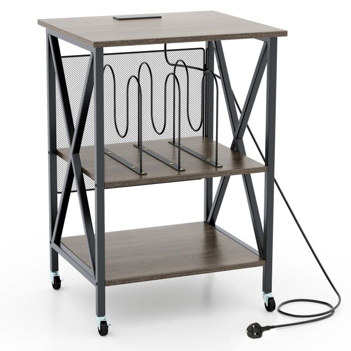 Side Table - Turntable Record Player Stand with Builtin Charging Station and Divider-Grey