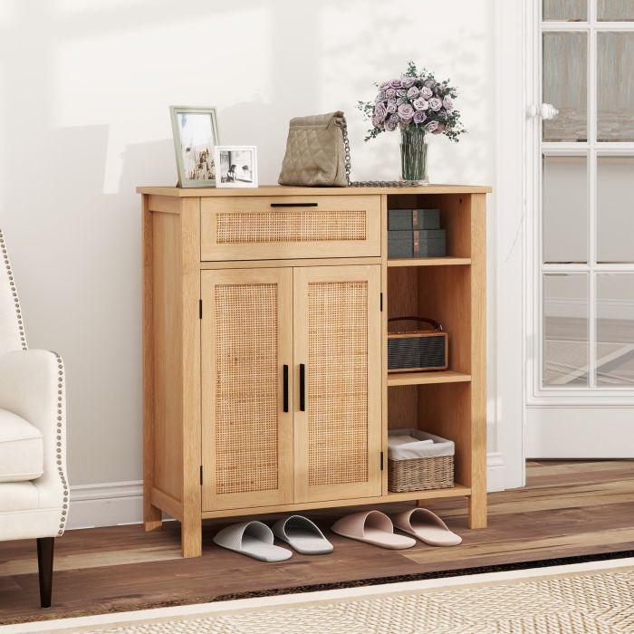 Buffet Sideboard with Rattan Woven Doors and Adjustable Shelf-Natural