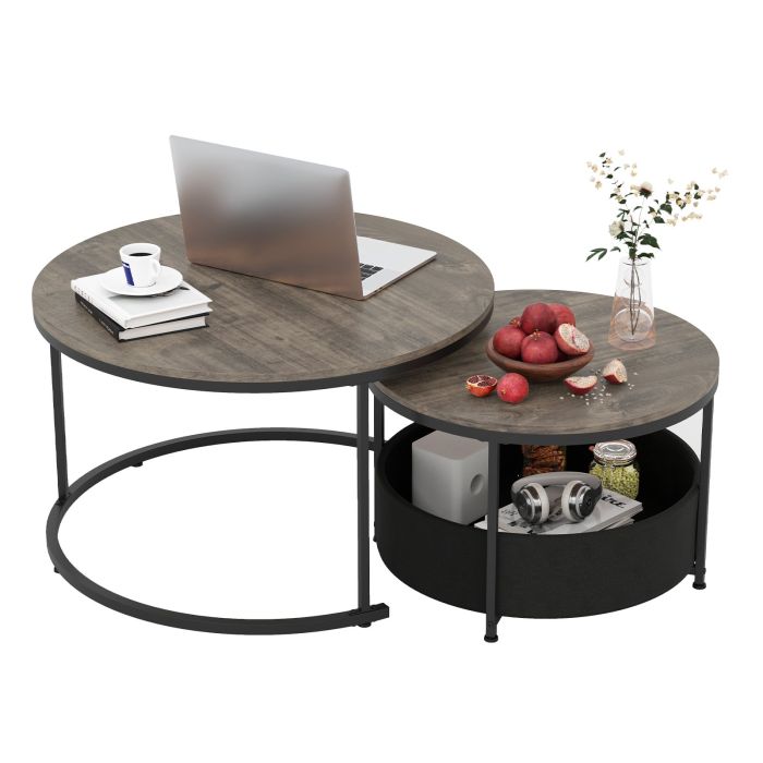 Round Coffee Table Set of 2 Circle Cocktail Table with Storage Basket-Grey