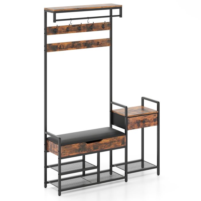 Freestanding Coat Rack with Shoe Rack and Storage Shelf-Brown