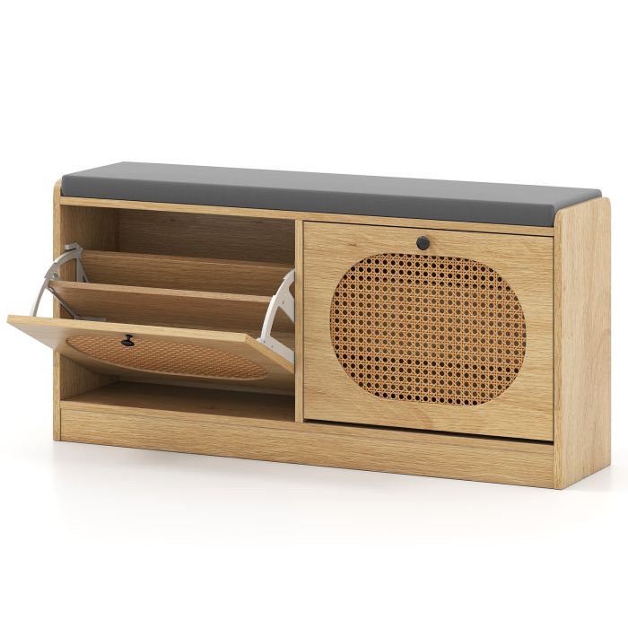 KYVRAN  Shoe Storage Bench with 2 Flip-over Doors and Adjustable Shelves-Natural