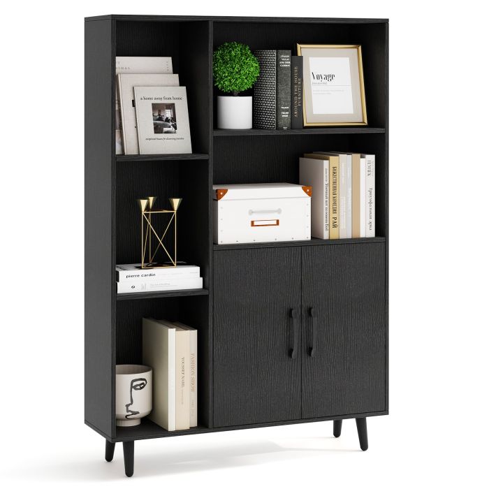 Bookcase with 5 Open Compartments and Double Doors Storage Cabinet-Black