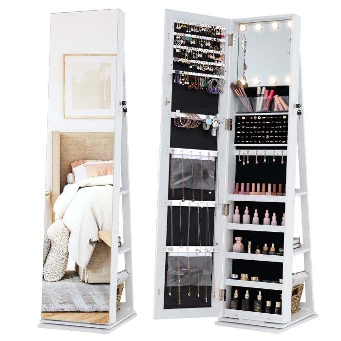 ELVRAN 360° Swivel Jewelry Cabinet Full Length Mirror and Back Shelves-White