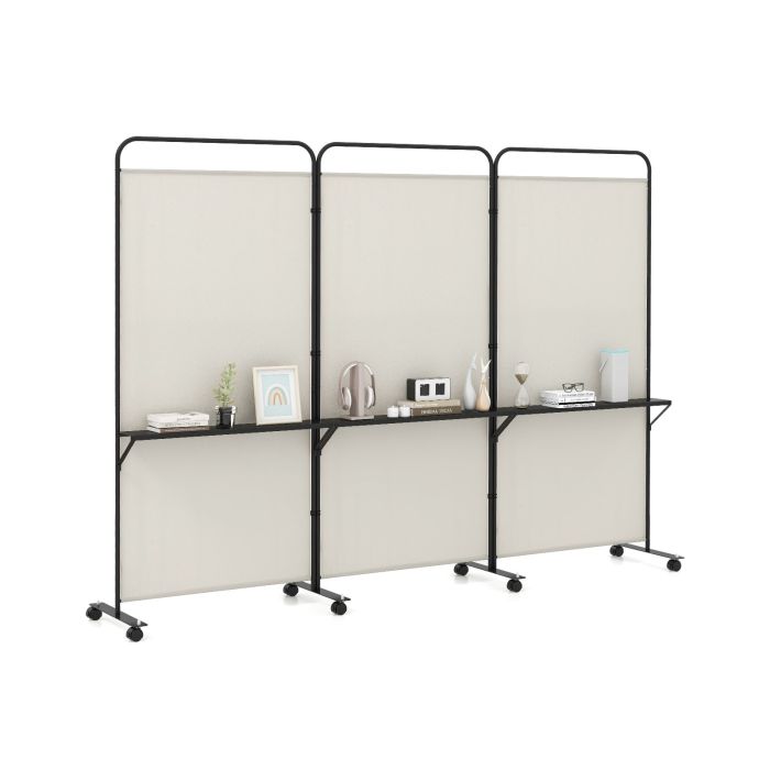 ELONRI 3-Panel Folding Room Divider Rolling Privacy Screen with 3 Metal Shelves-White