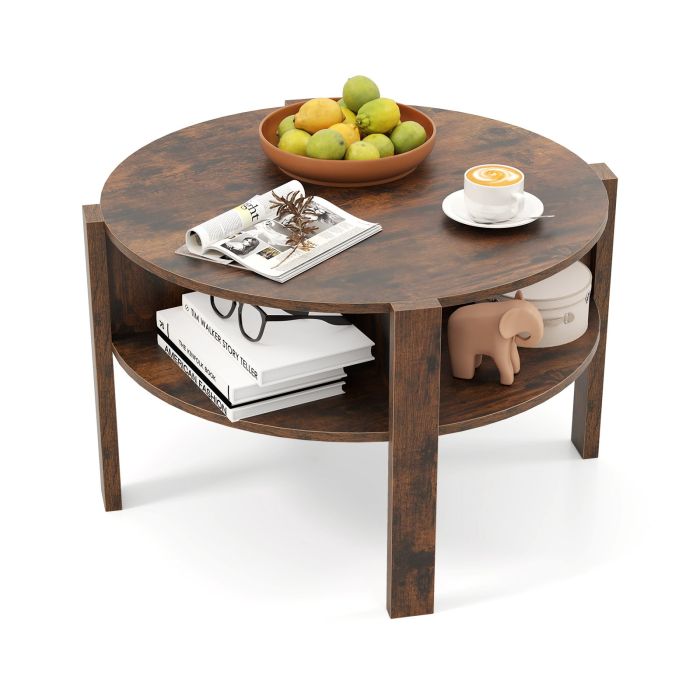 AVI 2-Tier Round Coffee Table with 4 Shelves-Rustic Brown