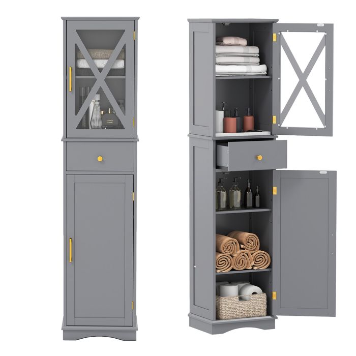 XORIRA Tall Bathroom Cabinet with Drawer 2 Doors and 3 Adjustable Shelves-Grey