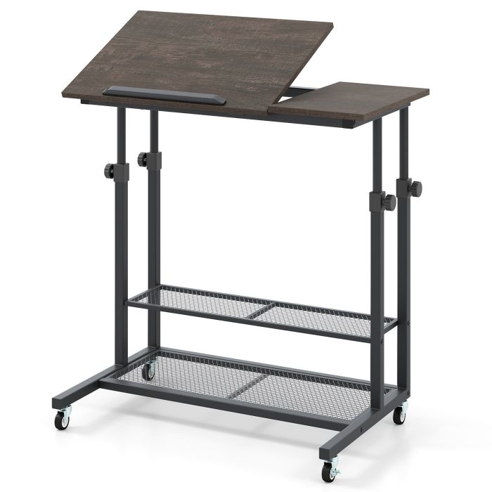 REA Mobile Stand up Height Adjustable Sit Stand Desk with Tilting Tabletop-Oak
