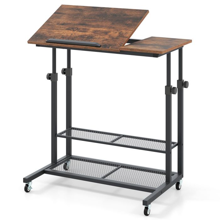 REA Mobile Stand up Height Adjustable Sit Stand Desk with Tilting Tabletop-Rustic Brown