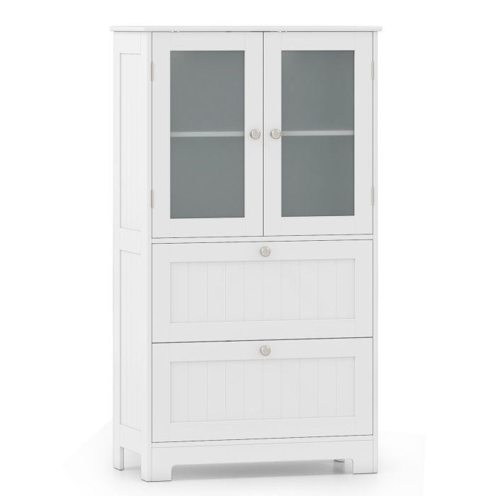 Freestanding Bathroom Storage Cabinet with 2 Frosted Tempered Glass Doors-White