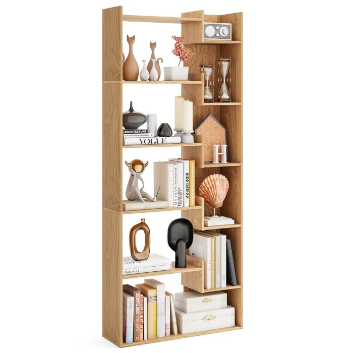 RICOIV 11-Shelf Wooden Bookshelf with 2 Anti-Tipping Kits-Natural