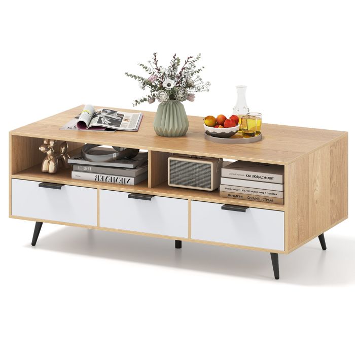 Coffee Table with Storage 47 Inch Center Table with 2 Open Compartments-Natural
