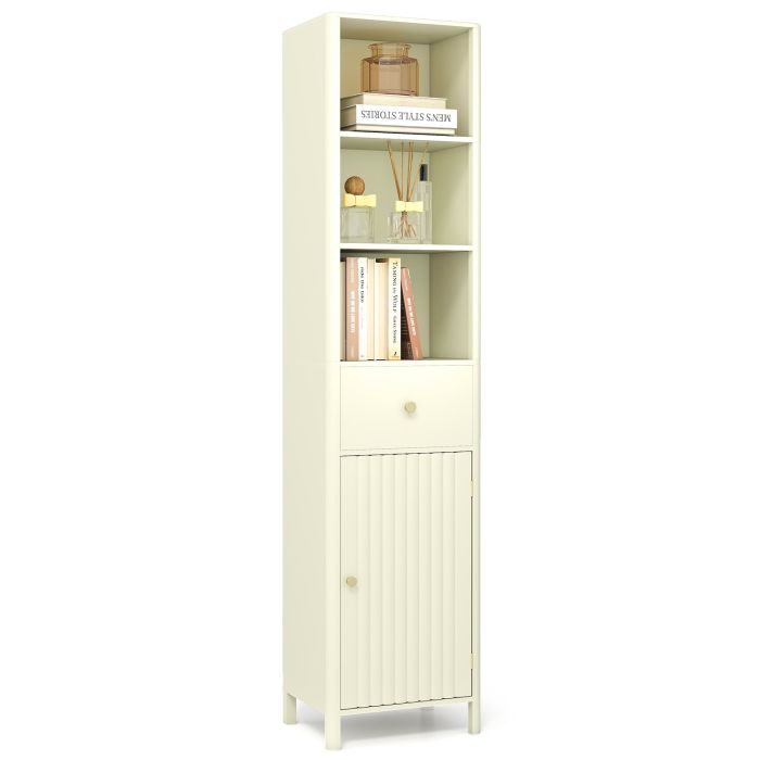 170cm Tall Bathroom Cabinet with Fluted Door and 1 Drawer 3 Open Shelves-Beige