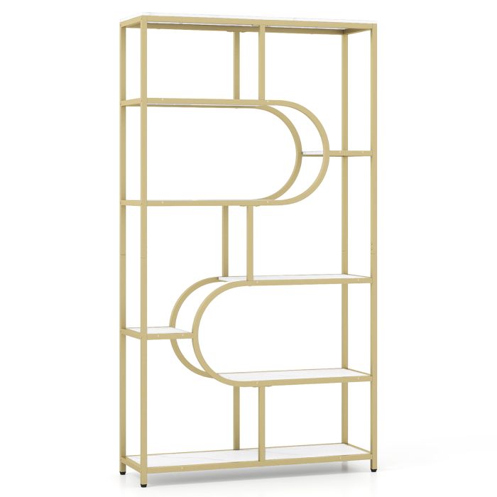 LENIX Industrial Bookcase with Open Shelves & Metal Frame-White & Gold