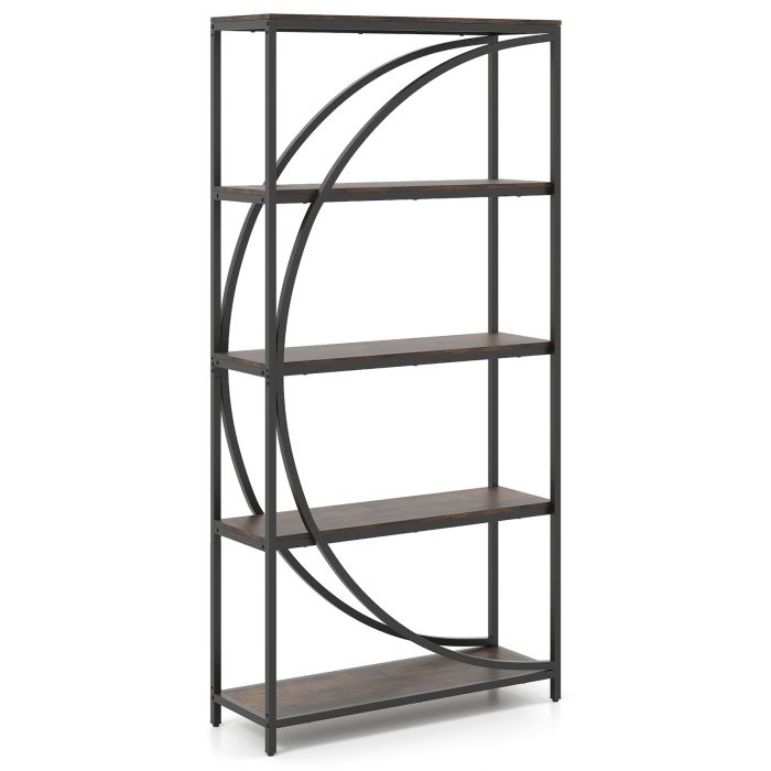 FROSDEN 5-Tier Industrial Etagere Bookshelf with Open Storage Shelves and Arc-Shaped Design-Rustic Brown
