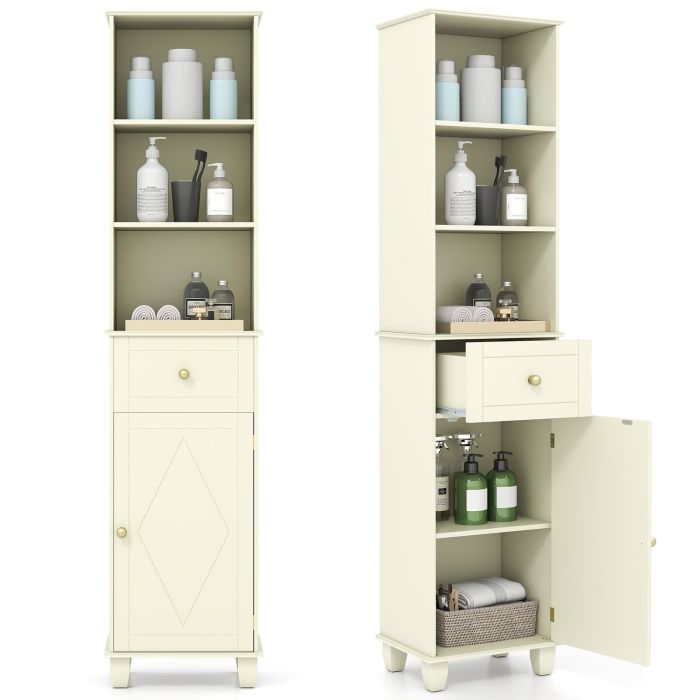GLENCOT 172cm Tall Bathroom Cabinet with Drawer and 3 Open Shelves-White