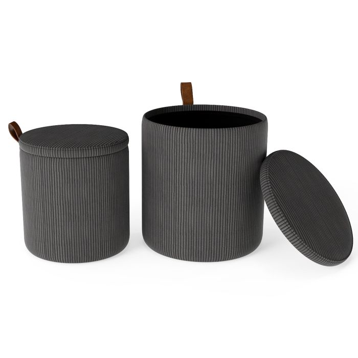YLYN Round Ottoman with Storage Set of 2 with Removable Lids and Padded Seats-Grey