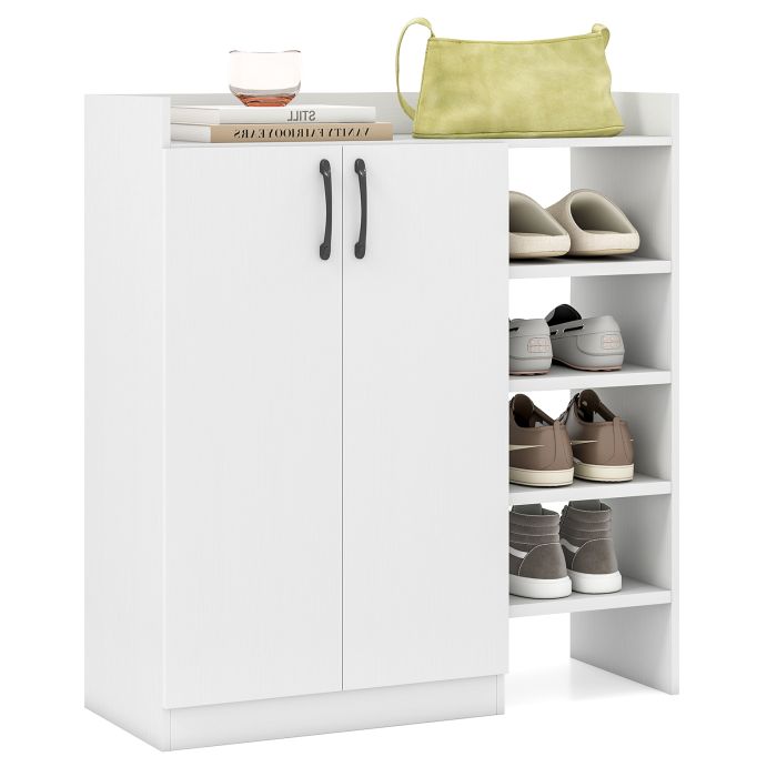 UWANA Shoe Storage Organizer Cabinet with Adjustable Inner Shelves and Open Shelves - White