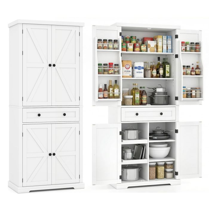 184cm Kitchen Pantry Cabinet with Large Drawer and 6 Door Shelves-White