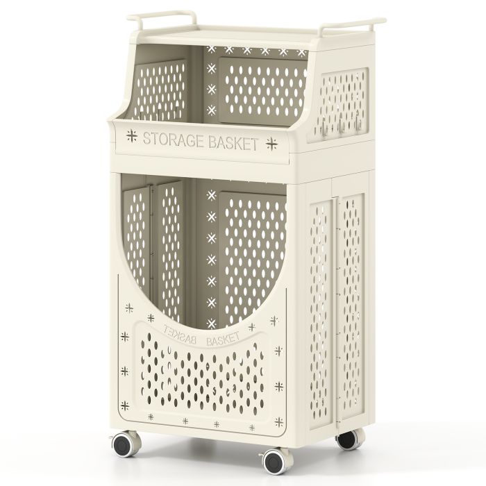 QUVEN 3/4-Tier Laundry Cart with Large Hamper and Lockable Wheels-Beige-3-Tier