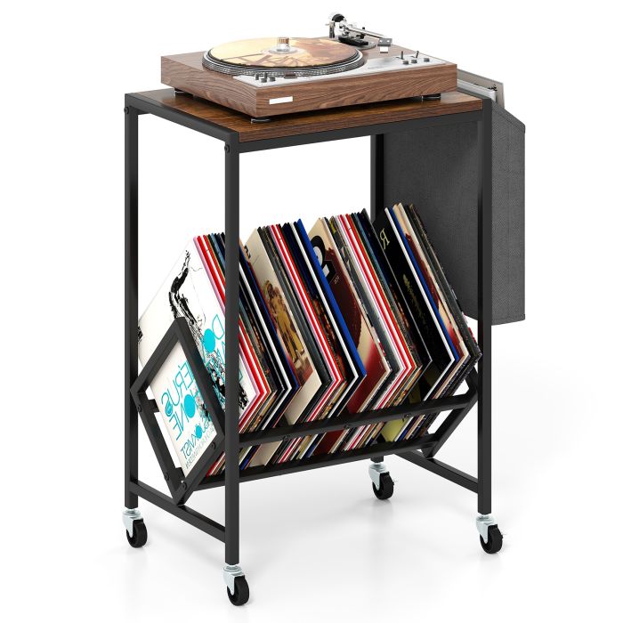 RELIX Rolling Record Player Stand with Vinyl Storage and Magazine Holder-Rustic Brown
