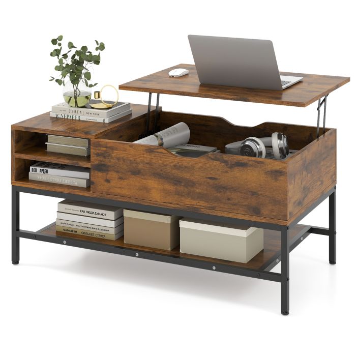 CALIX Lift Top Coffee Table with Hidden Compartment and Storage Shelf-Rustic Brown