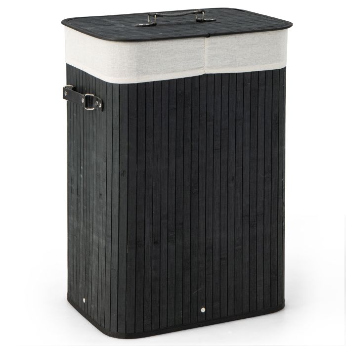 72L Bamboo Laundry Basket with Lid and Washable Liner Bag-Black