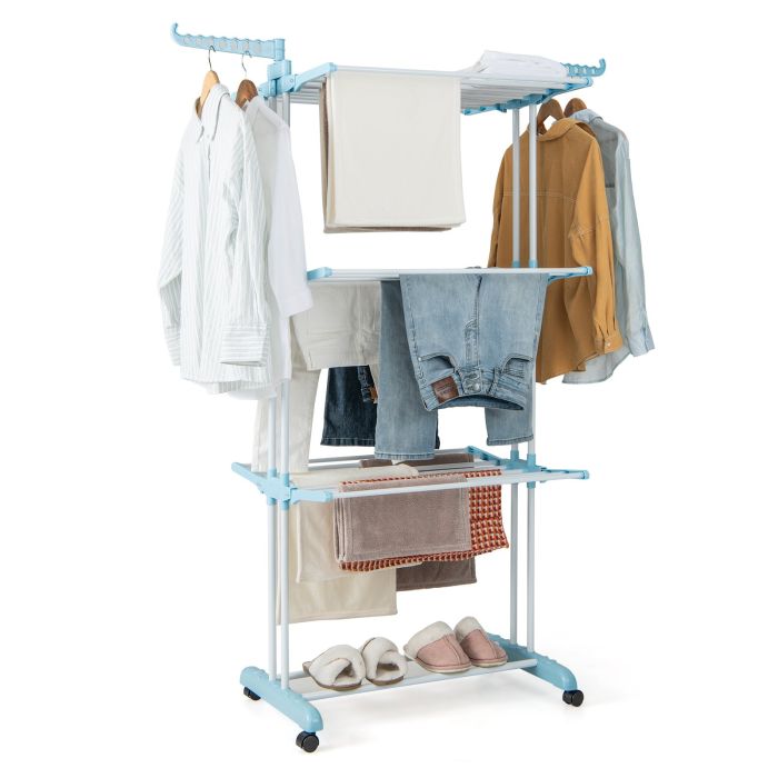 ZERALO 4-Tier Foldable Airer Clothes Drying Rack with Wings and Casters-Blue
