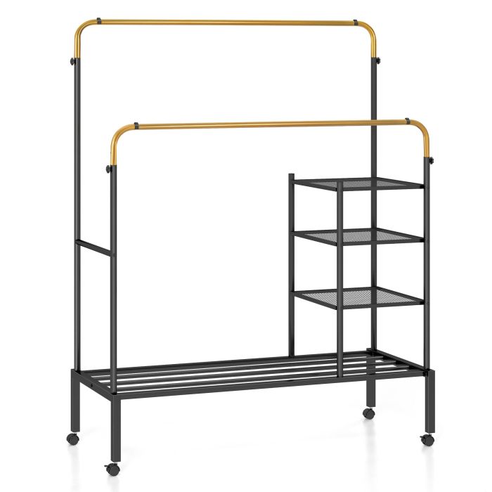 Clothes Rack - Rolling Clothes Drying Rack with 2 Adjustable Hanging Bars-Black Gold