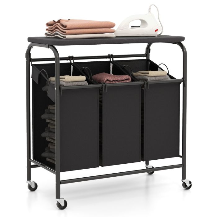 3-Bag Cart Heavy Duty Laundry Sorter Hamper with Foldable Ironing Board-Black and Grey