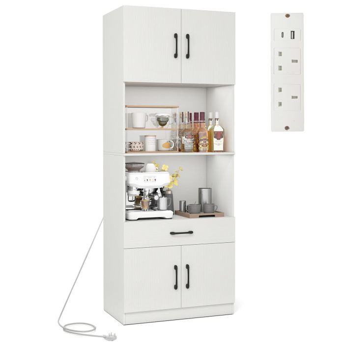 168cm Kitchen Pantry Cabinet with Charging Station, 4 Doors-White