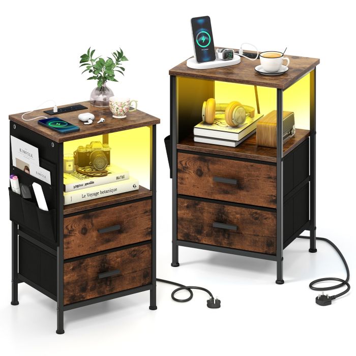 Set of 2 End Tables with Charging Station-Rustic Brown